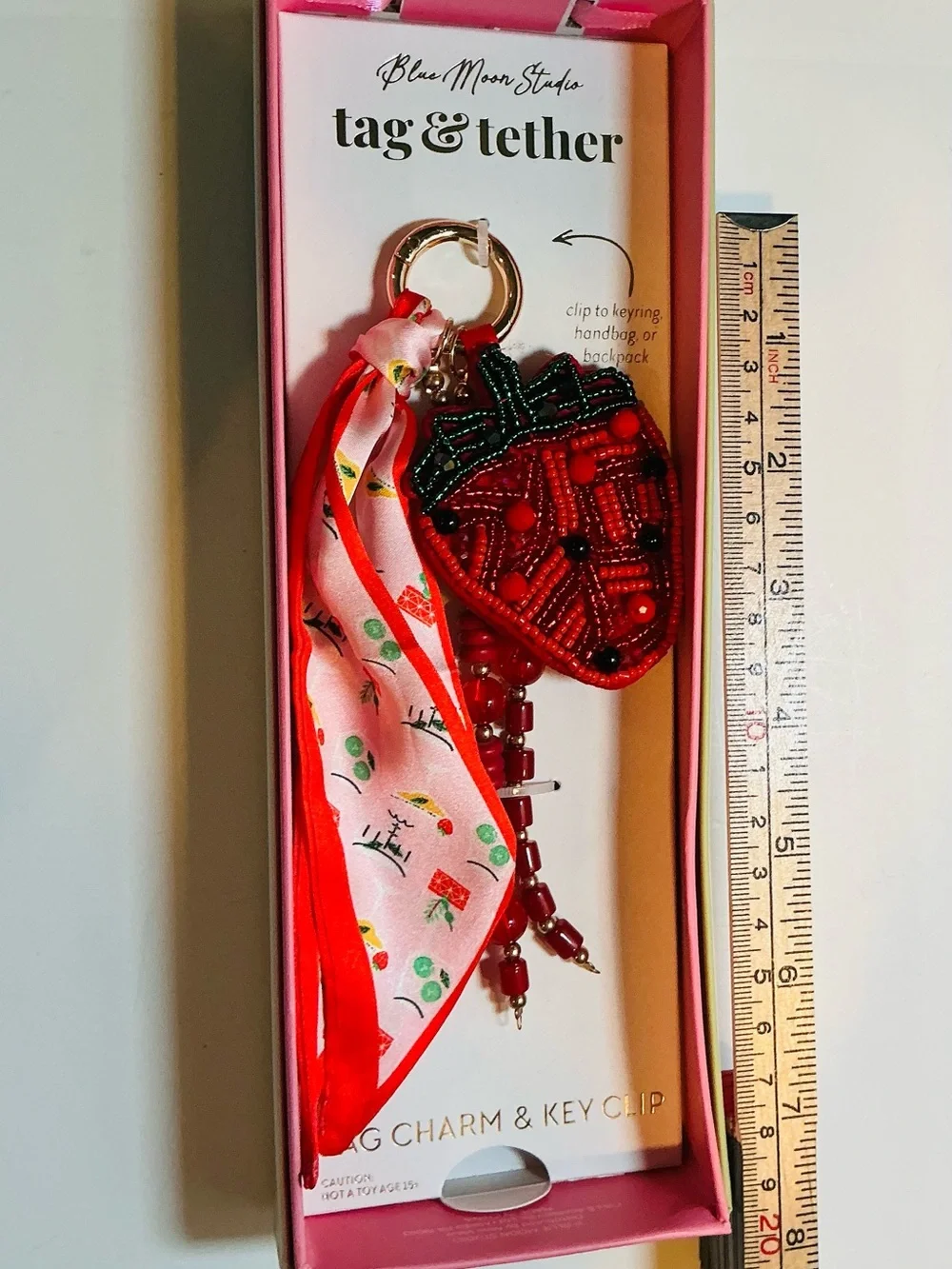 Red Strawberry Beaded Key & Card Holder with Pink Scarf Accent
